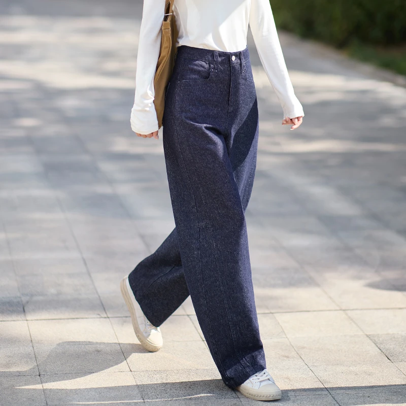 丹宁蓝亚麻牛仔裤女2026春秋季新款高级感裤子女弯刀裤阔腿镰刀裤