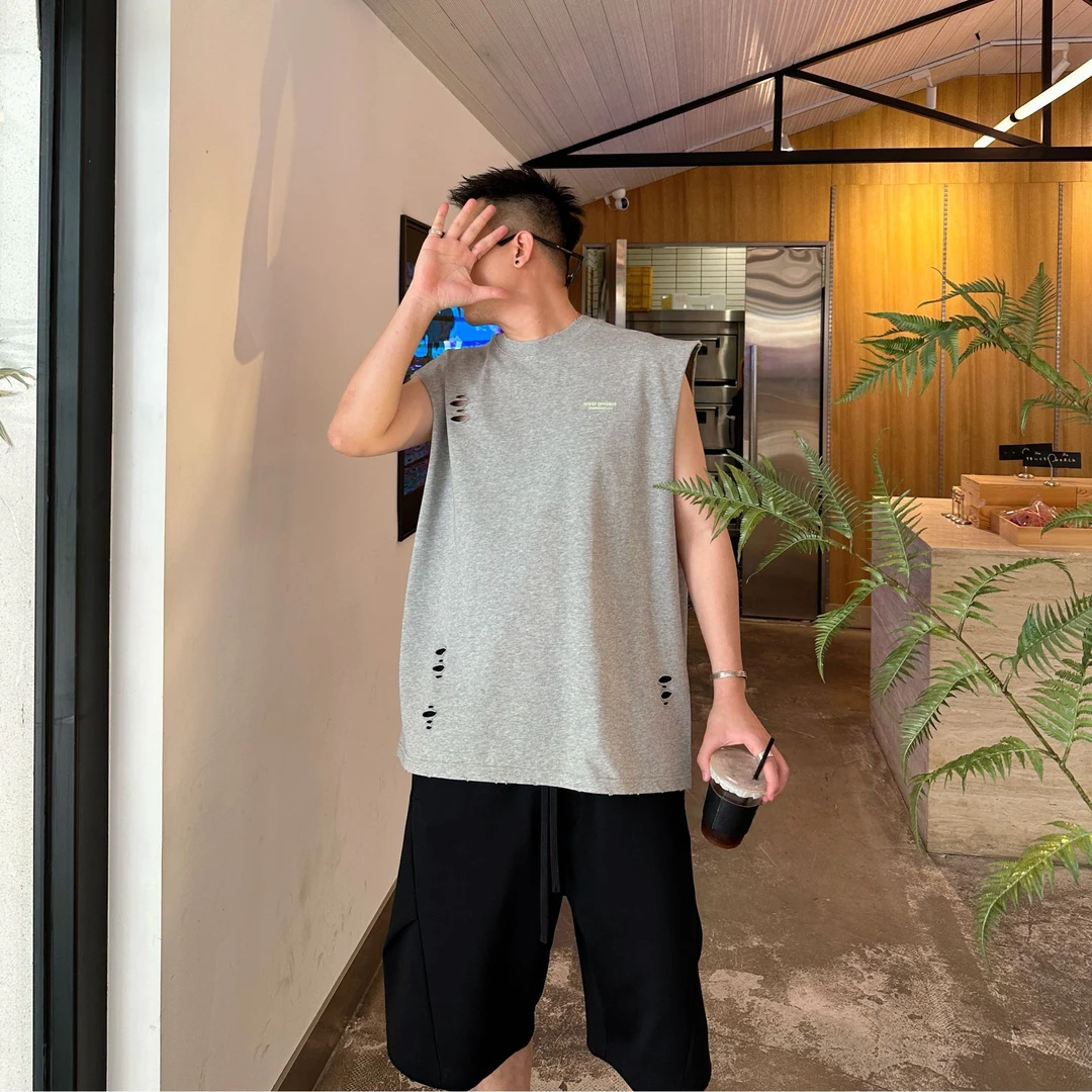 SQQZ PROJECT夏季310G字母破洞无袖坎肩背心情侣鸡米花工作室