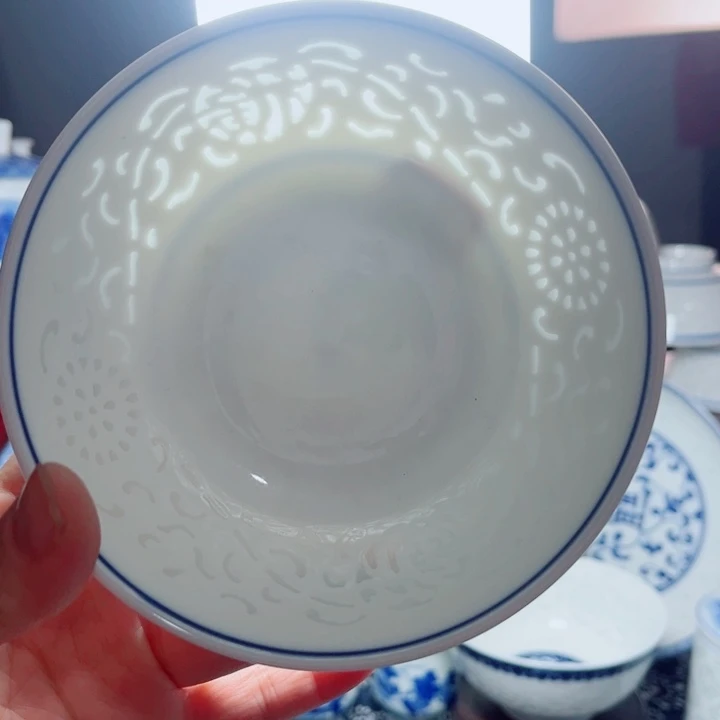 青花玲珑5寸饭碗满雕双福双线