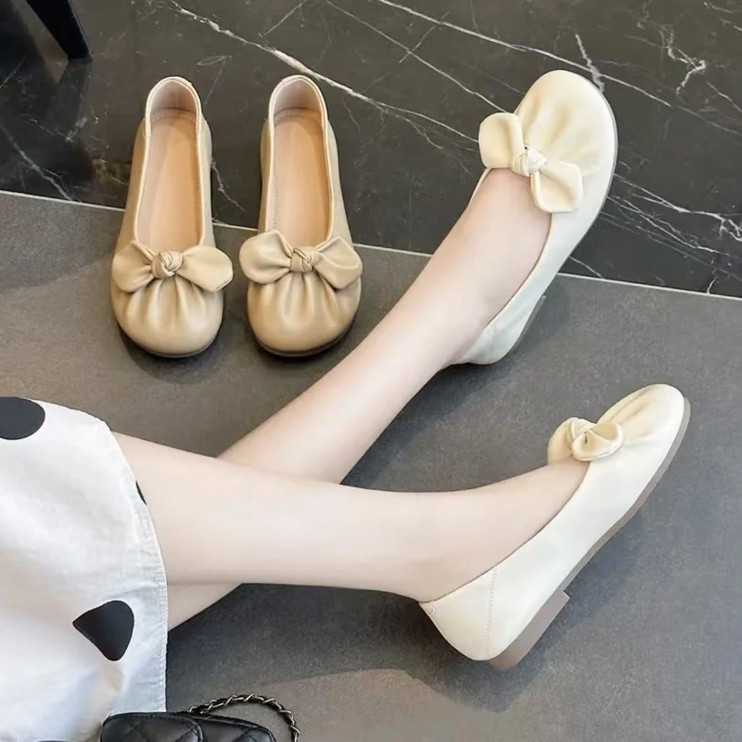 莎曼坊蝴蝶结奶奶鞋浅口夏法式蝴蝶单鞋圆头豆豆鞋富家千金风软底