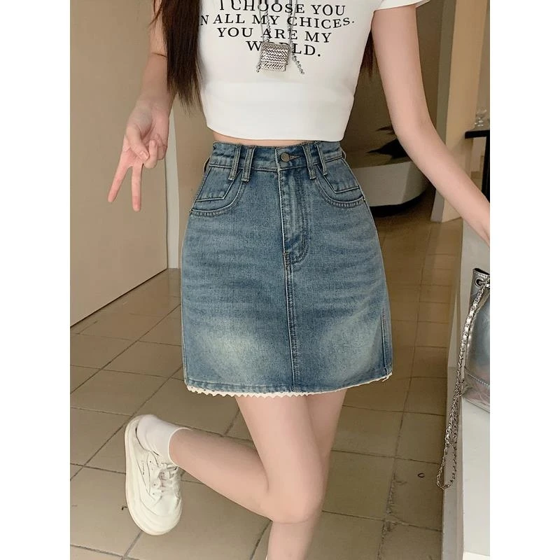 2025夏季新款胖mm大码拼接花边牛仔半身裙小个子高腰遮肉a字短裙