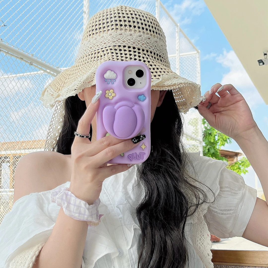 苹果｜紫色郁金香支架卡通花朵适用iPhone16女款ins立体硅胶手机壳