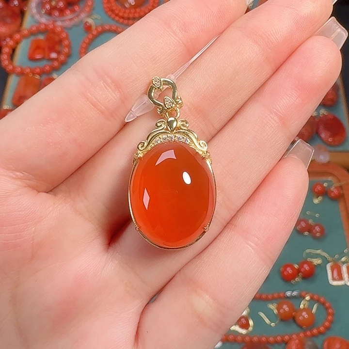 南红玛瑙银S925镶嵌吊坠