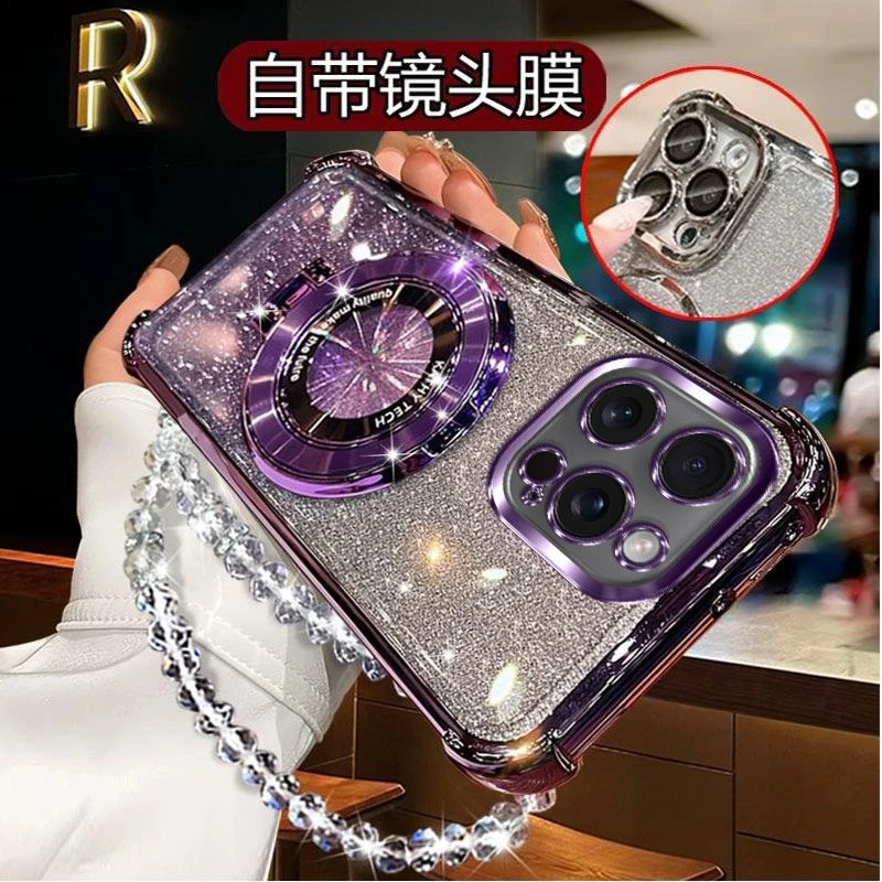 气囊防摔苹果16ProMax手机壳高质量镜头全包闪粉CD支架轻奢女款硅