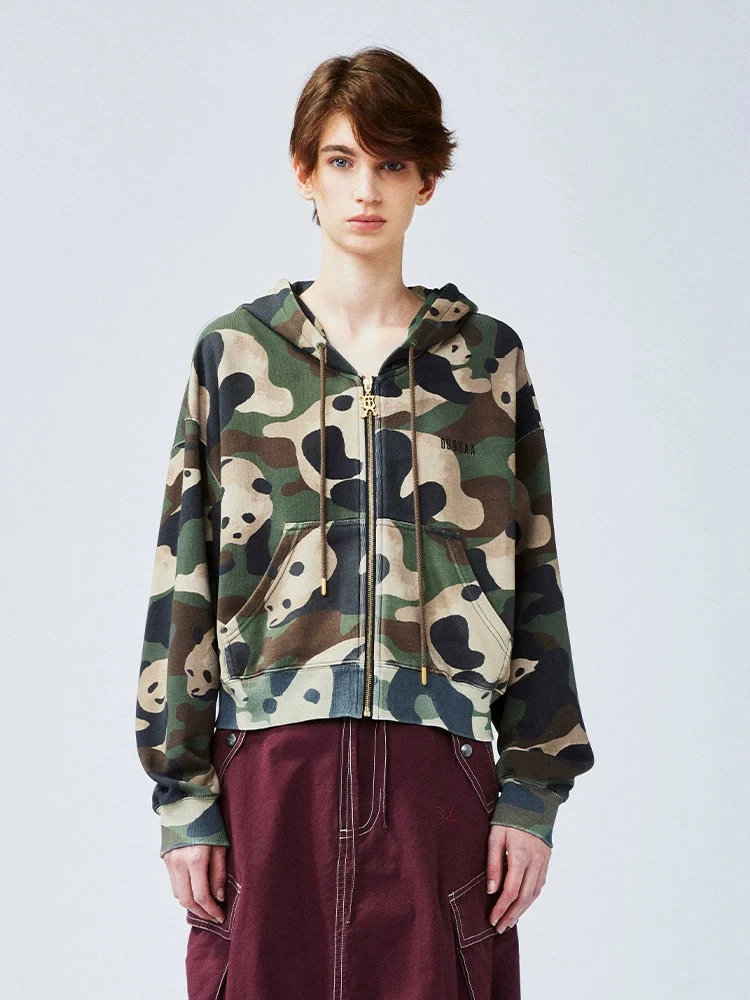 尾～2025春季新款熊猫迷彩拉链连帽卫衣