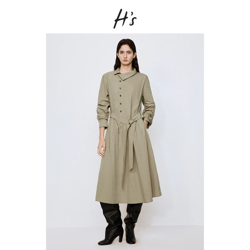 【秋上新】H'S斜翻立领衬衫连衣裙女25秋新款公尺感不规则连身长裙