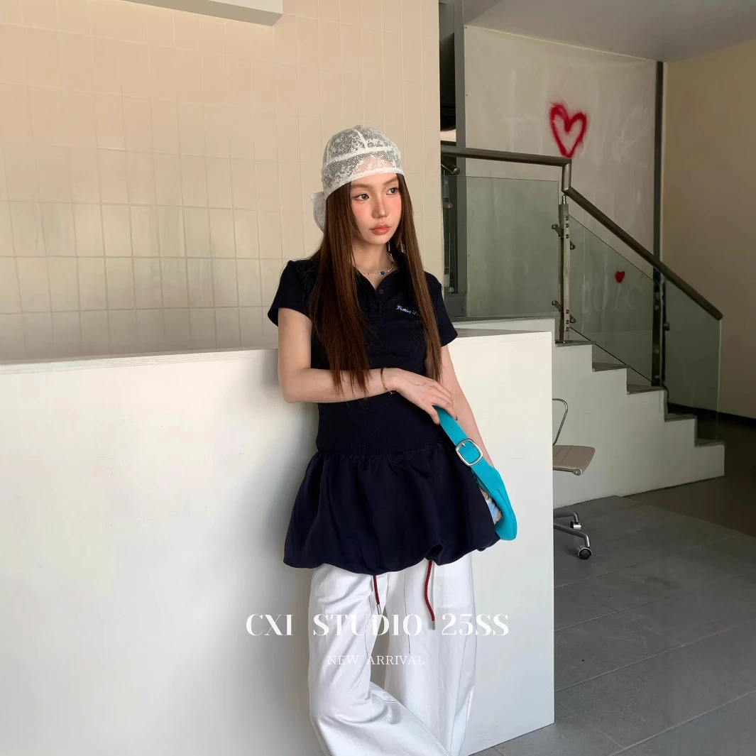 花苞裙CXI 学院风Polo领减龄连衣裙休闲收腰花苞裙气质绝美甜辣显