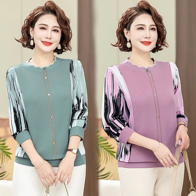 妈妈春装针织小衫洋气薄款T恤中老年女春秋长袖宽松大码拼接上衣