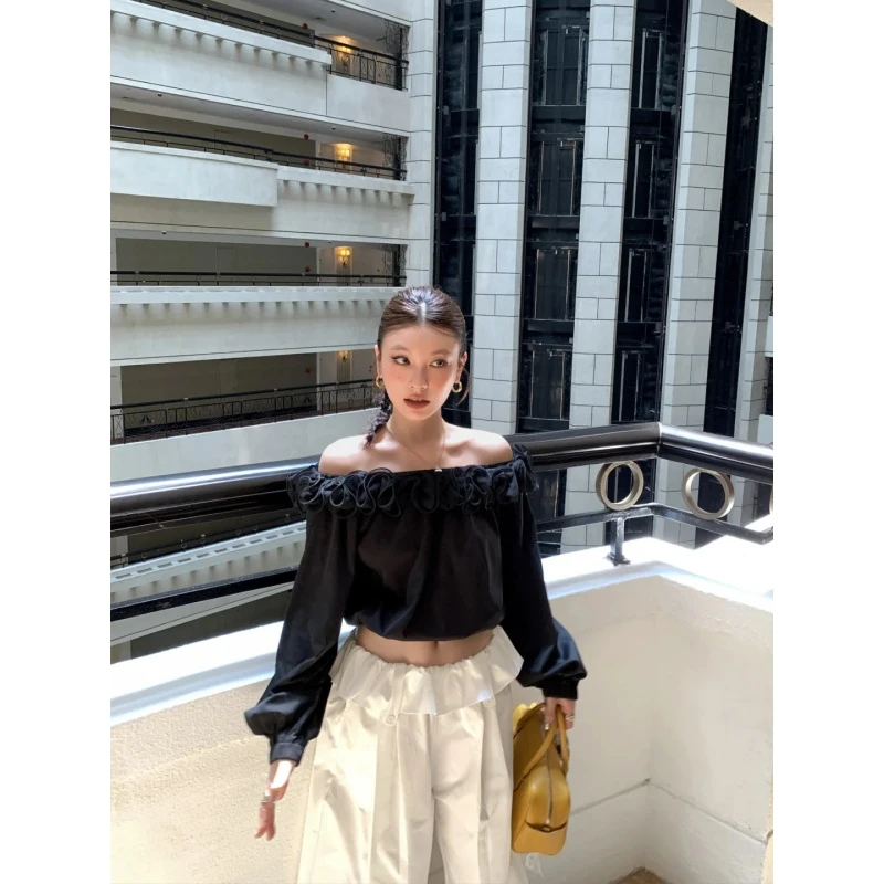 高冷御姐气质套装早秋韩系一字肩花瓣设计长袖衬衫高腰休闲阔腿裤