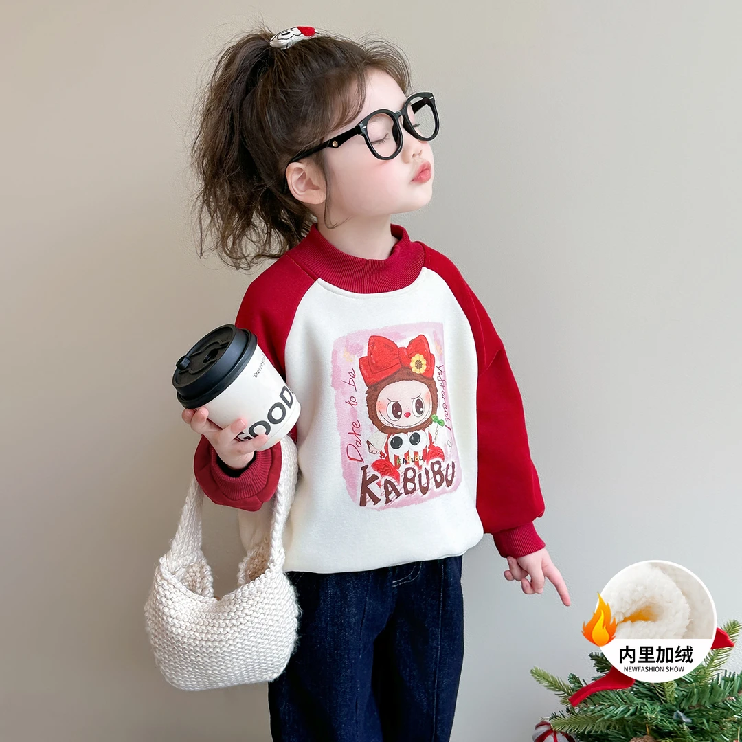 女童卡通加绒卫衣洋气秋冬款小女孩套头绒衫女宝宝一体绒上衣内搭