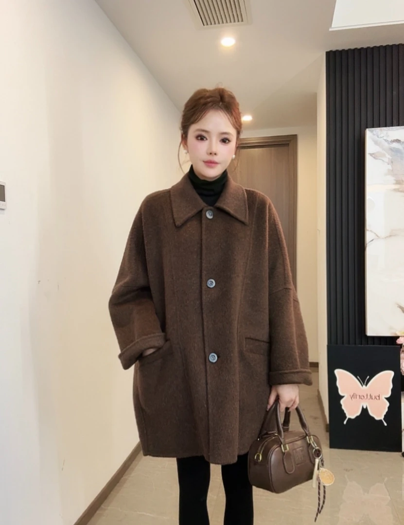 2025秋冬羊驼毛羊毛混纺茧型蝙蝠袖慵懒风双面大衣【2502t1】