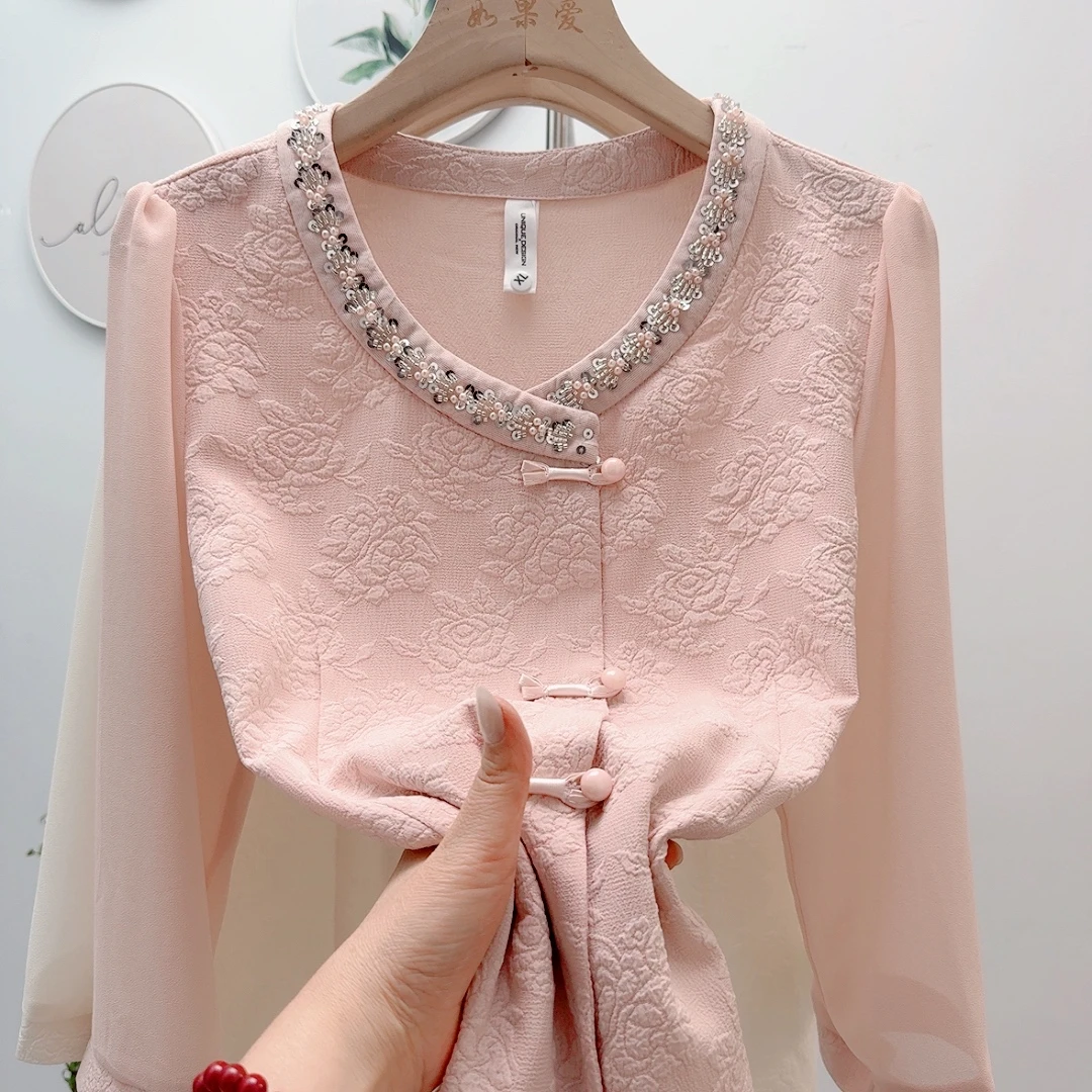 新中式国风七分袖春季新款洋气提花钉珠女士衬衣减龄妈妈衬衫小衫