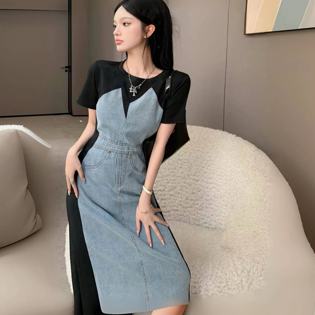 1163甜酷风炸街神器，显瘦显高一步到位 牛仔拼接修身款连衣裙