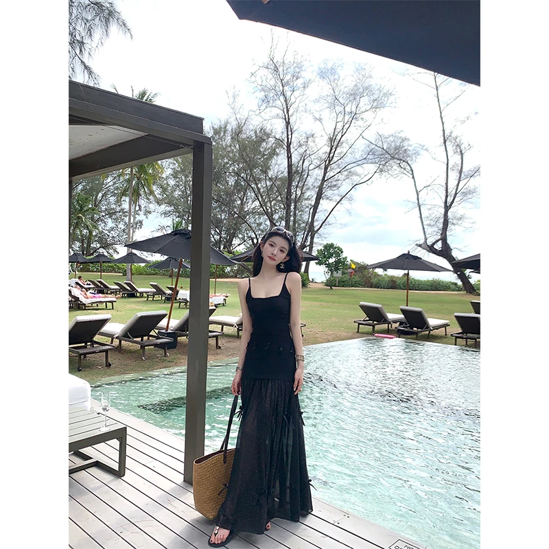 清冷艺术系  纯欲风辣妹蝴蝶结拼料刺绣多穿法设计感吊带连衣裙女