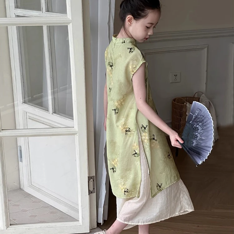 女童新中式国风旗袍2025儿童夏连衣裙直筒裤两件套小女孩古装套装