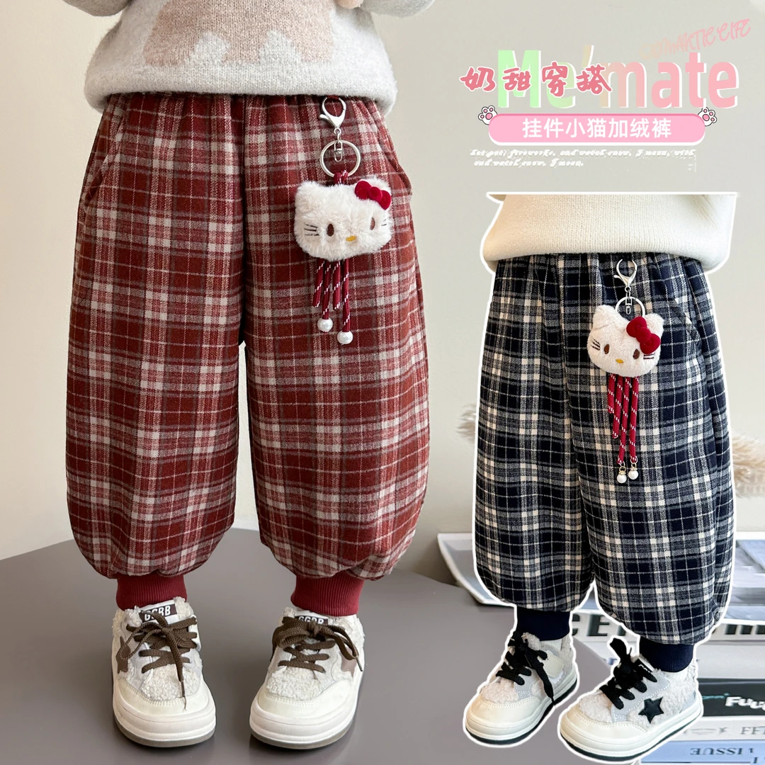 女童加绒休闲裤子加厚一体绒儿童格子束脚卫裤女孩宝宝秋冬装新款