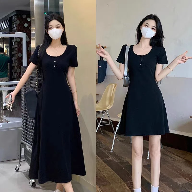 大码女装微胖MM短袖连衣裙夏季新款收腰显瘦黑色小众气质裙子1764