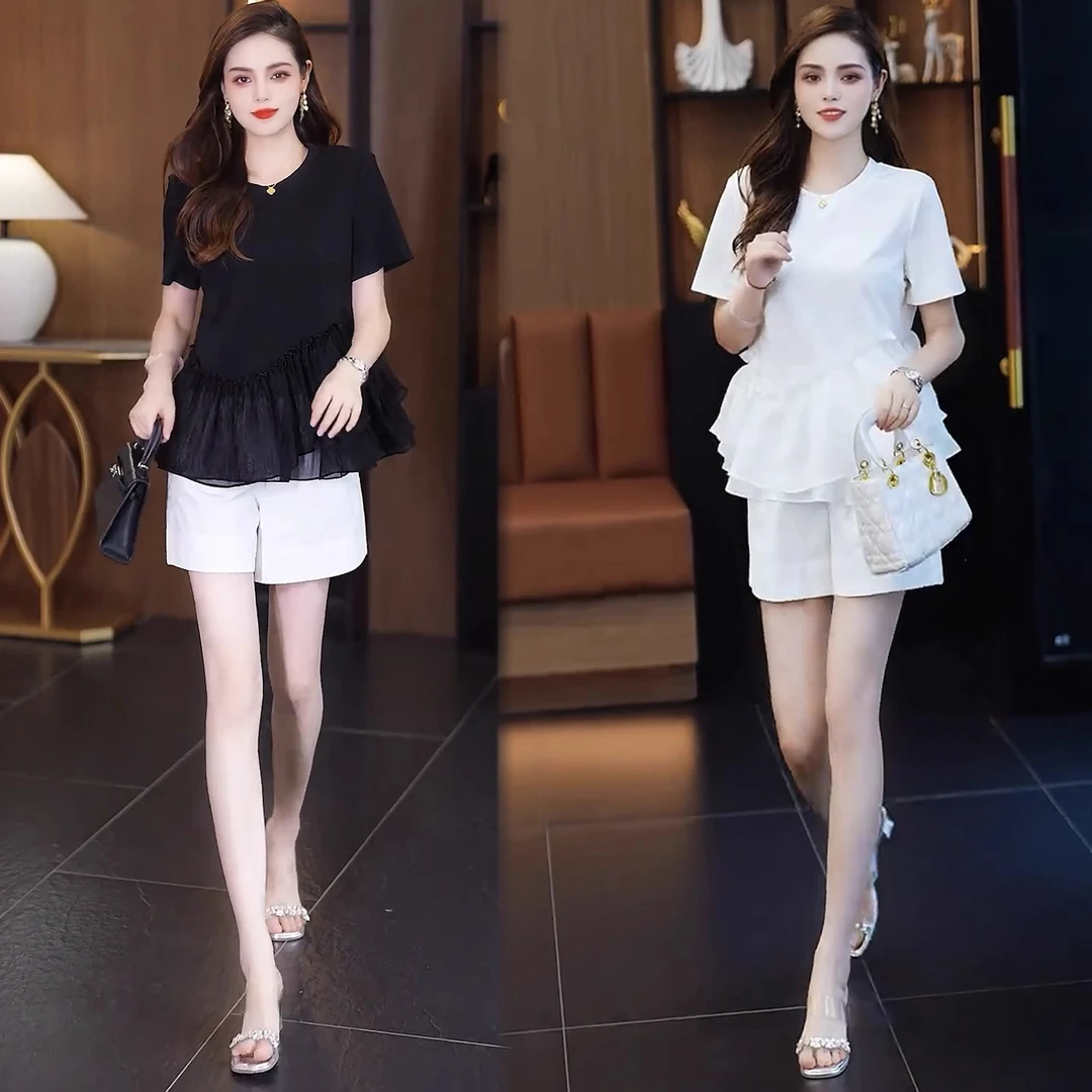 时尚短袖衬衫女2025夏季新款洋气圆领显瘦减龄荷叶边拼接短袖上衣