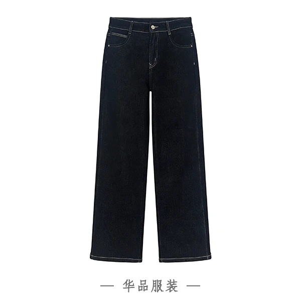 黑金色高腰加绒高腰直筒牛仔裤服装时尚百搭