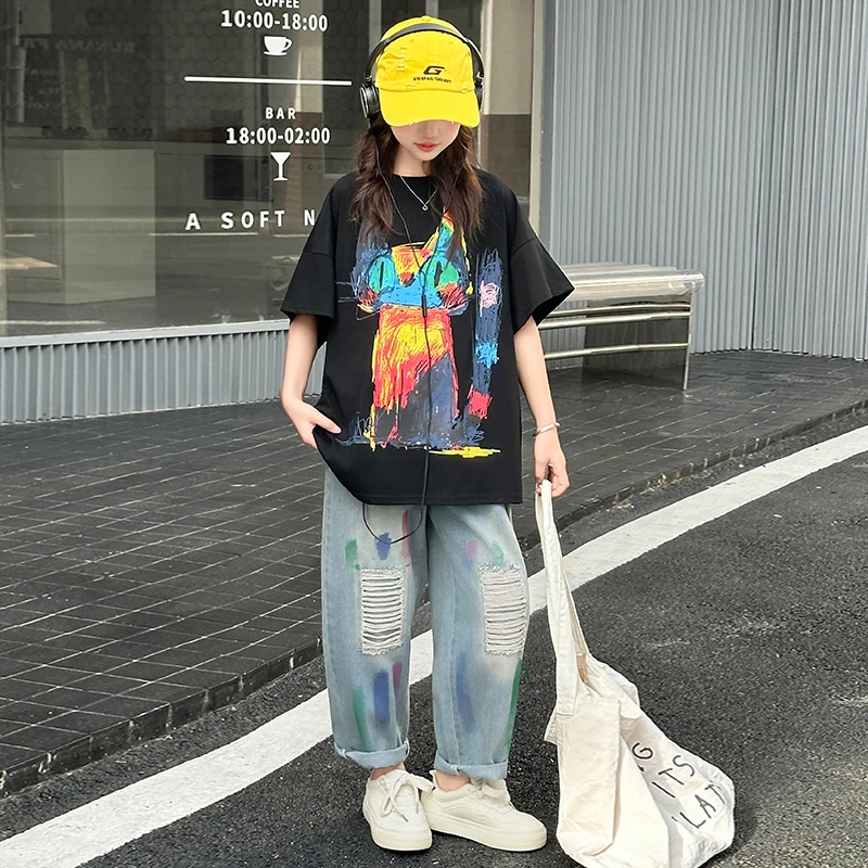 女童夏季酷飒超好看中大童个性印花短袖T恤薄款破洞牛仔裤两件套