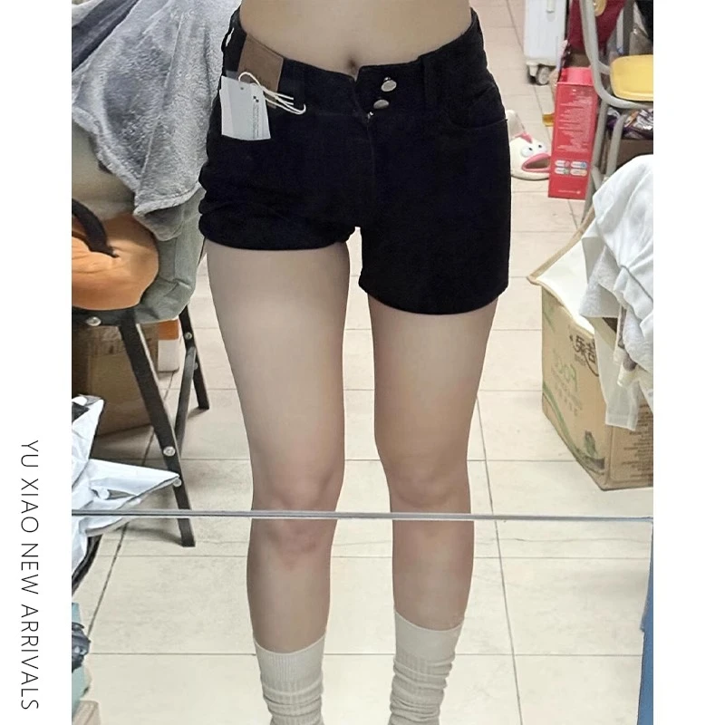 黑色牛仔热辣短裤女夏季高腰胖mm大码显瘦小个子弹力遮胯a字热裤