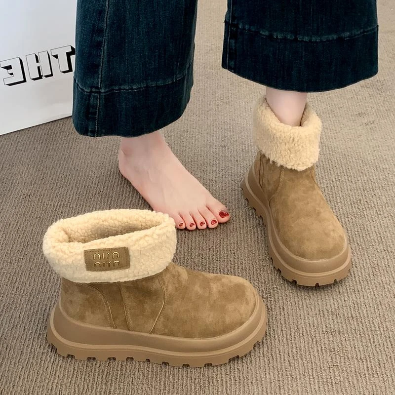 厚底勃肯鞋女加绒保暖雪地靴年新款秋冬内增高毛毛棉鞋短靴子