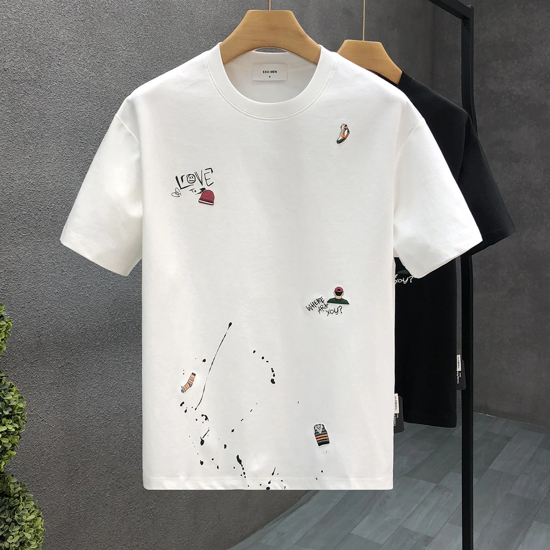 哈逊梅奈高端个性刺绣短袖t恤时尚潮流衣服夏季男士圆领半截袖T恤