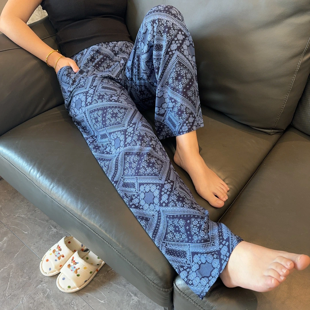 夏季女裤薄款棉绸宽松休闲裤哈伦女士长裤人造棉灯笼裤格子家居裤