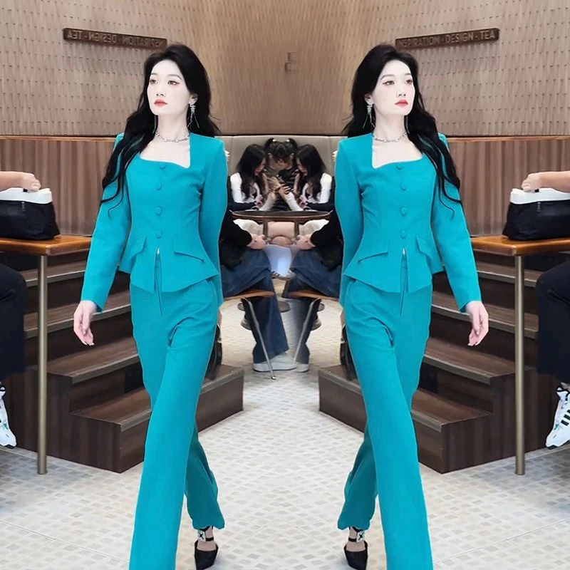 韩版时尚气质套装2025新款女士修身显瘦上衣微喇裤两件套年轻活力