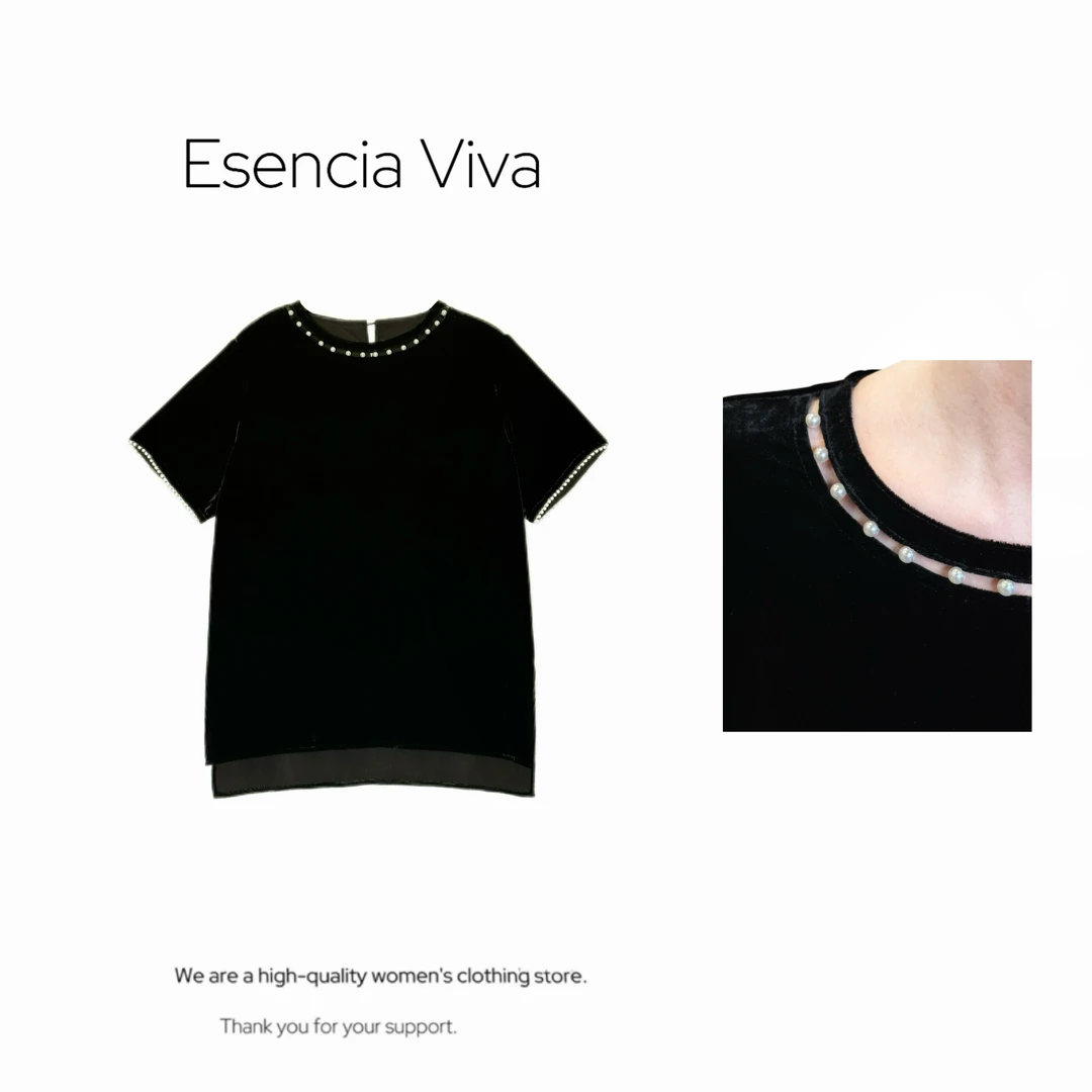 EV.【珠镂丝语】100%桑蚕丝领口镂空珍珠法式短袖上衣EVSY0682