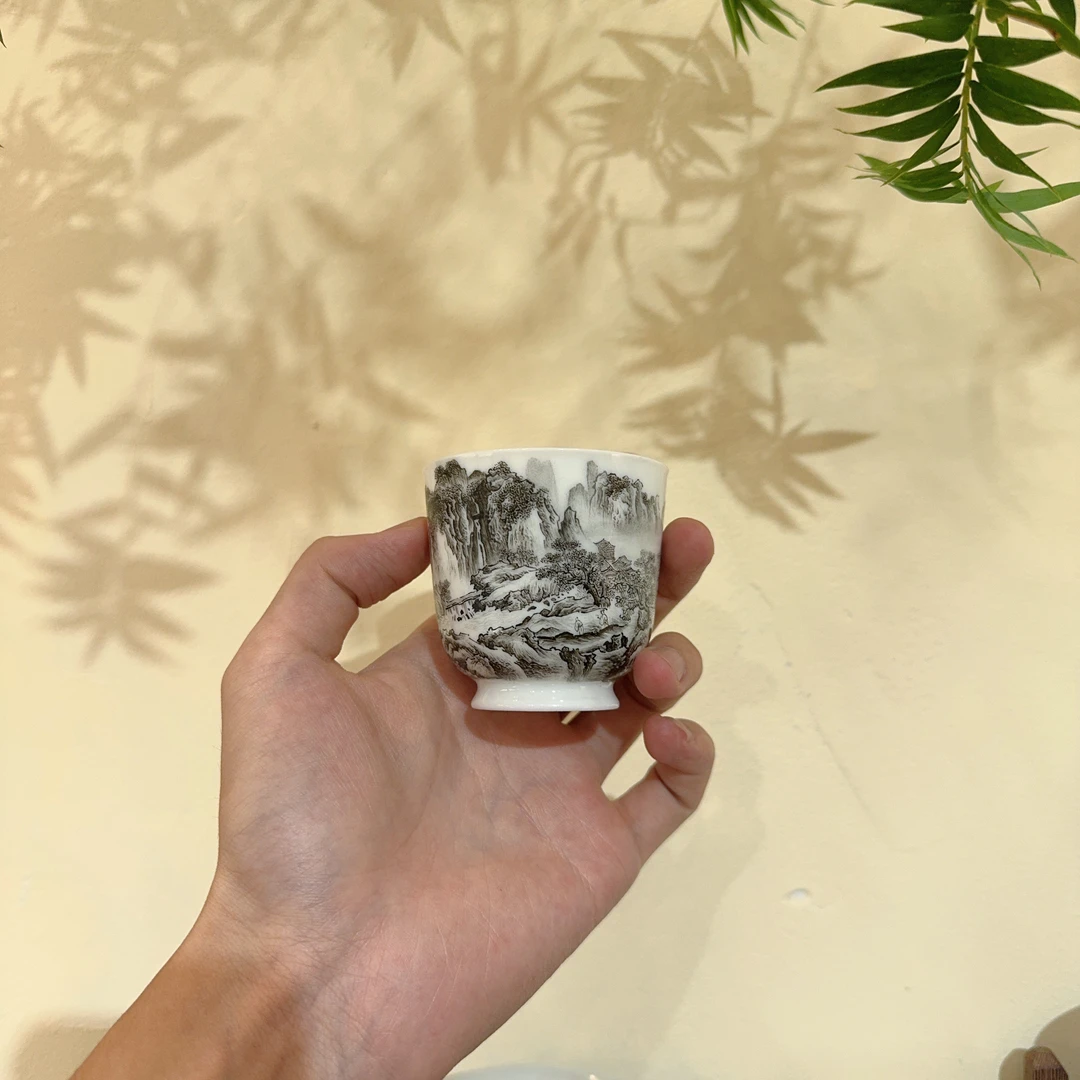明逸堂手绘墨彩山水陶瓷中式茶盏茶杯品茗杯茶具主人杯纯手工