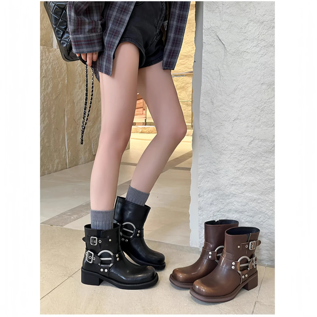 英伦风复古粗跟皮带扣西部牛仔靴女2025年新款厚底增高方头机车靴