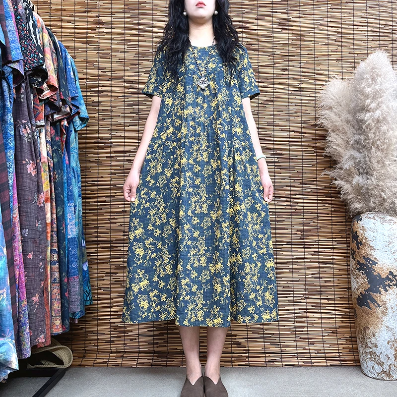 2935夏季女装休闲文艺复古显瘦中长裙A字裙圆领宽松碎花连衣裙