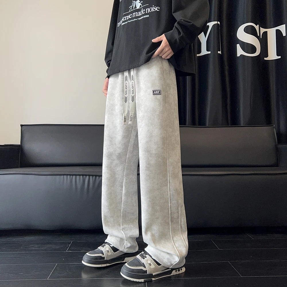 扎染垂感裤子男秋冬宽松阔腿重磅卫裤潮牌美式运动加绒加厚休闲裤