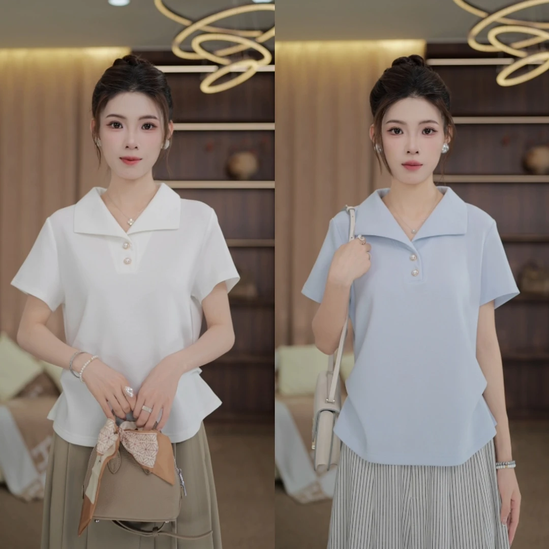 TITI定制【海风书信】轻奢气质百搭褶皱收腰显瘦短袖T恤TZ1717545