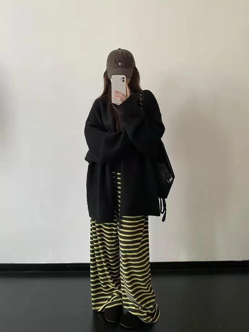 大码软糯毛巾条纹弹力宽松休闲裤加厚松紧腰慵懒松驰阔腿裤子