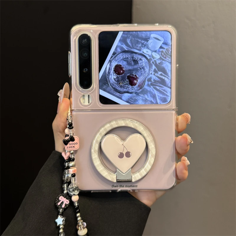 适用华为purax典藏版折叠屏手机壳pocket2灰紫色爱心樱桃磁吸支架