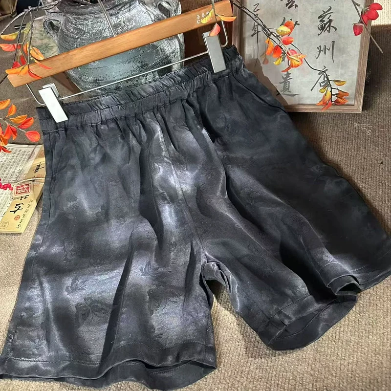 夏季新款新中式国风百搭高腰松紧蝶恋花花萝短裤