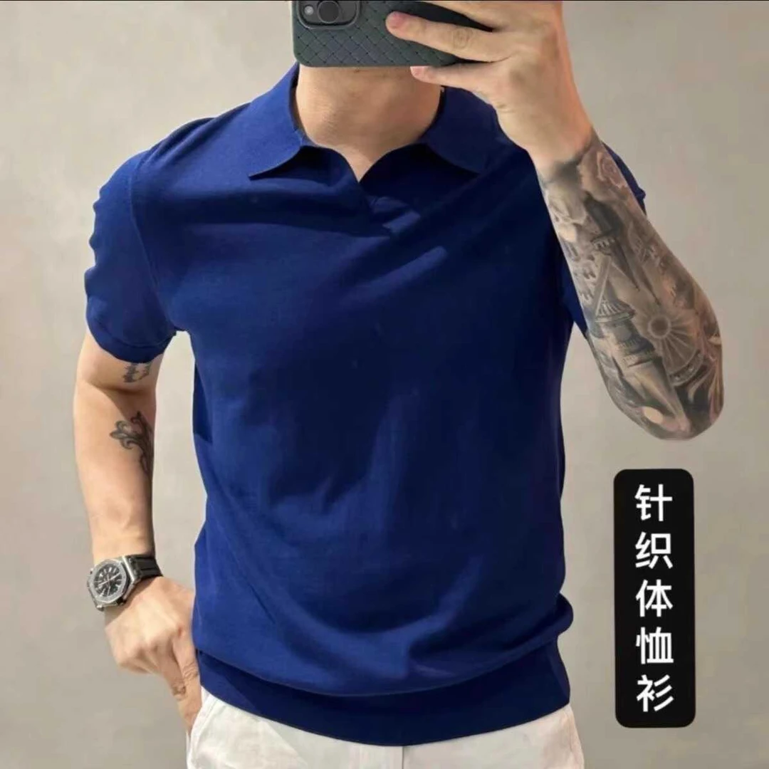 高端冰丝薄款针织polo衫男夏季修身翻领短袖T恤休闲痞帅半袖上衣