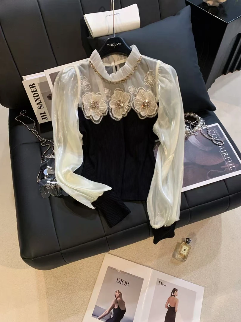 ZHOUYI/周一 2025新款早秋上衣亮片花朵设计长袖女修身百搭打底衫