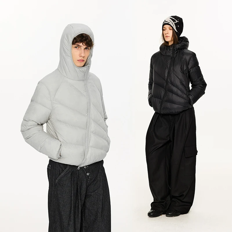 KREATE「放射线」轻薄短款90白鸭绒排骨斜拉链解构冬季连帽羽绒服