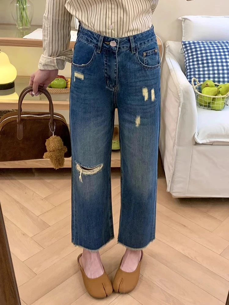 蓝色直筒破洞牛仔裤女夏季新款大码胖mm显瘦梨形身材宽松阔腿裤子