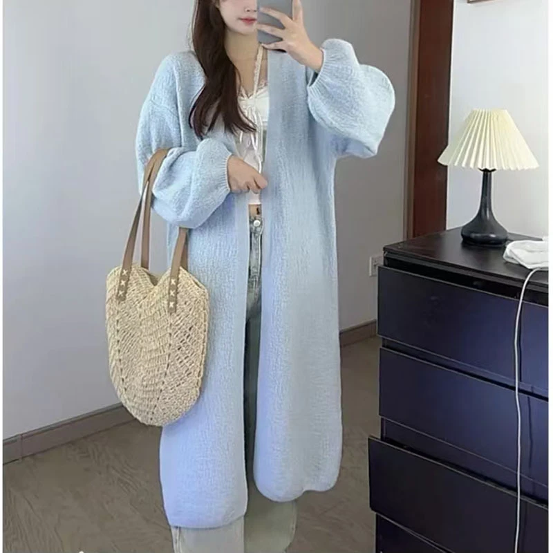 树皮纹泡泡袖针织外套毛衣开衫女秋冬慵懒风百搭显瘦中长款外套女