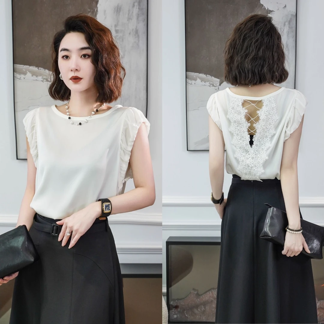 MORELAN2025春夏气质原创小众蕾丝交叉拼接V领无袖上衣88111