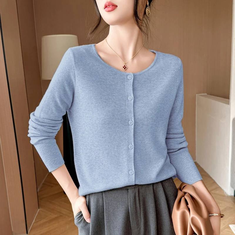 扬子纱精纺羊毛短袖毛衣女春夏圆领针织开衫半袖纯色薄款打底外套