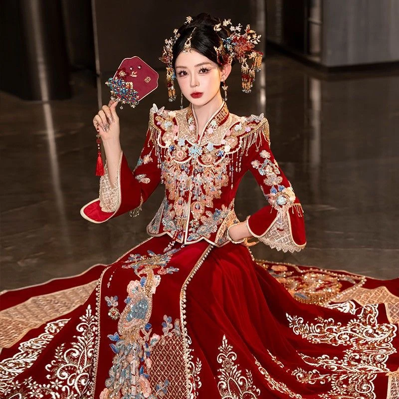丝绒秀禾服高级感新娘中式礼服2025新款结婚秋冬出阁服敬酒龙凤褂