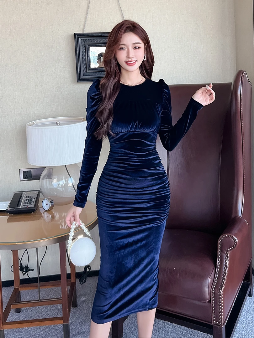 【现货】成熟修身显瘦收腰开叉丝绒中长款裙