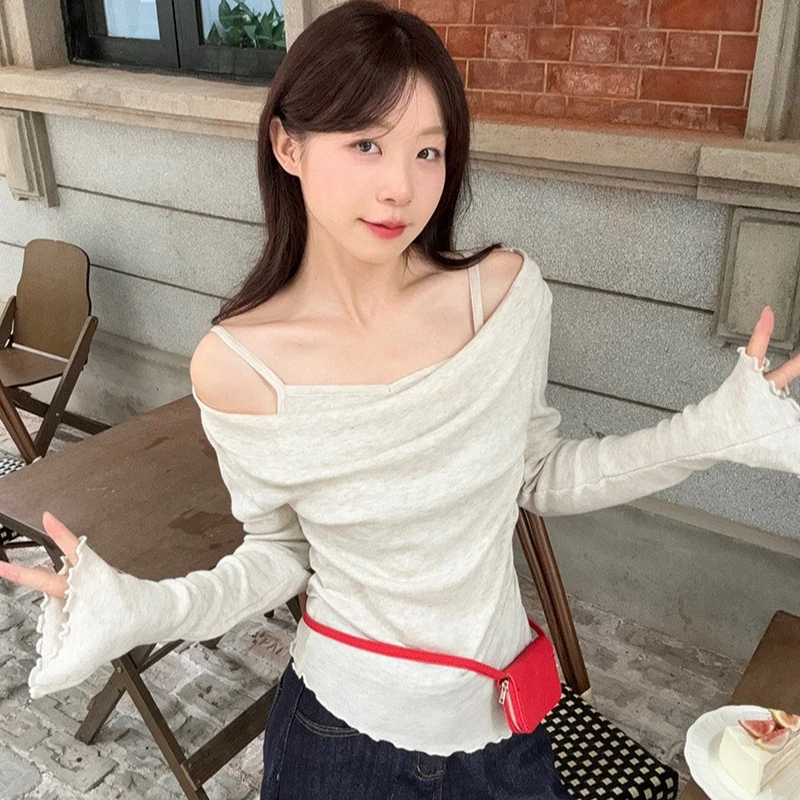 露肩一字领假两件打底衫长袖t恤春秋辣妹修身设计感小众纯欲上衣