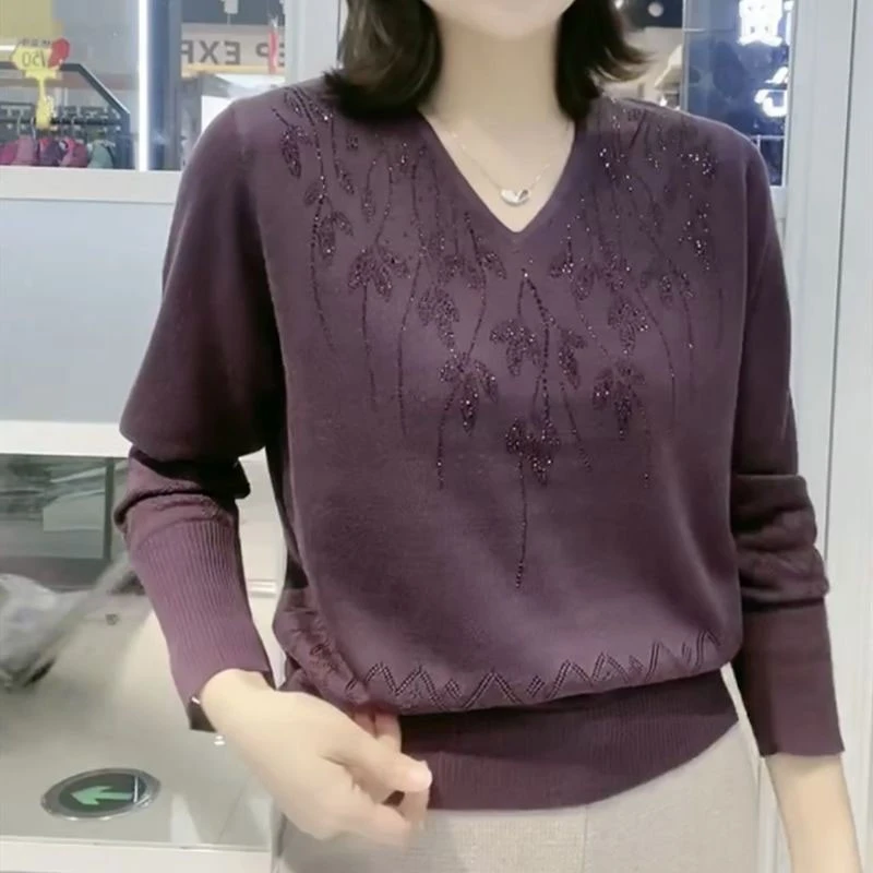 时尚洋气领冬季针织打底衫女秋装新款长袖宽松遮肚减龄妈妈上衣