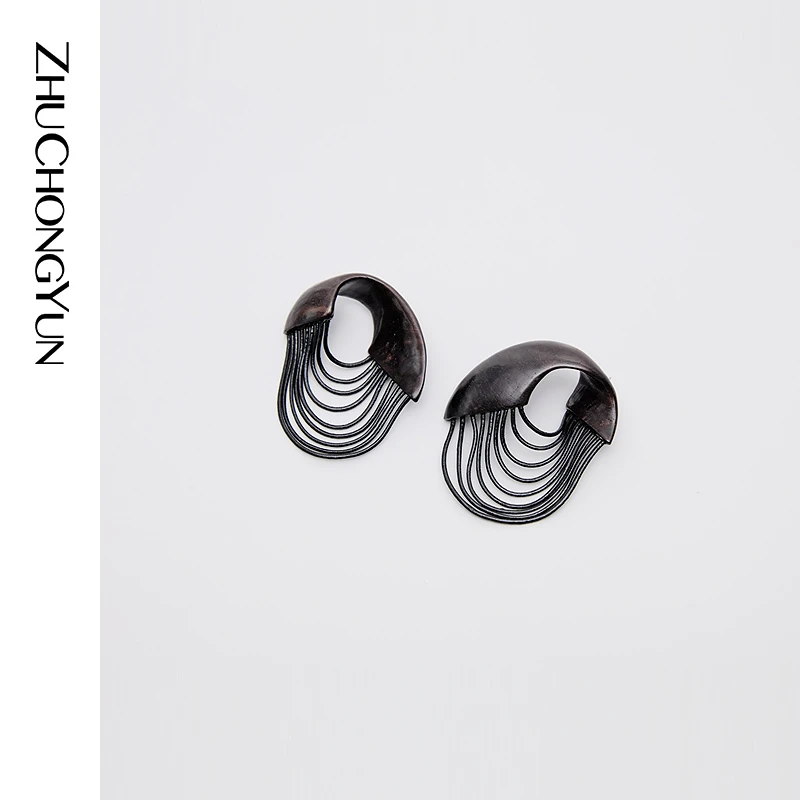 不锈钢木质耳饰 ZHUCHONGYUN2025冬几何线条乌木耳环C2FZ4005E